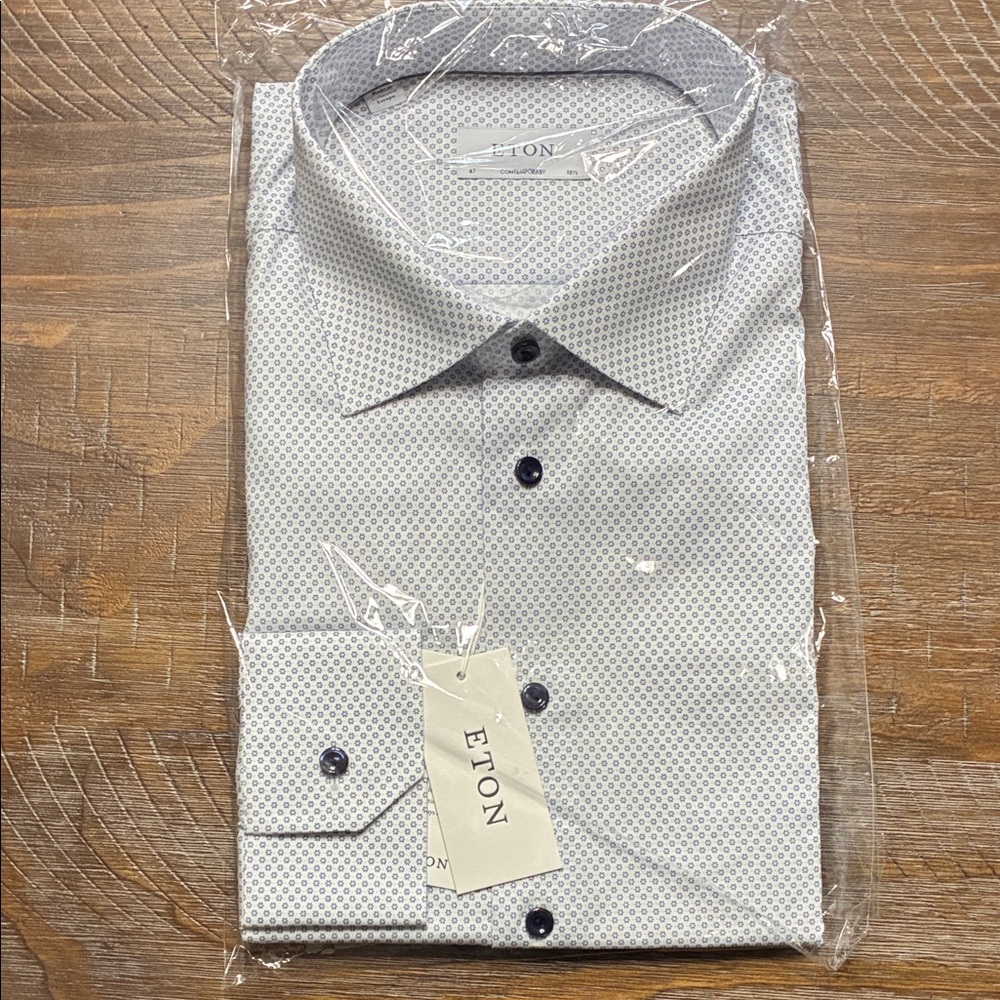 Eton Men's Blue and White Geometric Dress Shirt